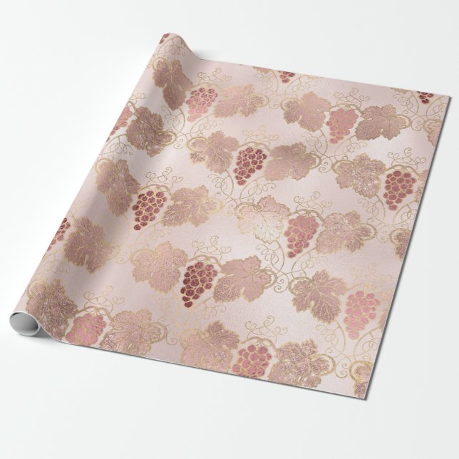 Rose Gold and Blush French Wine themed Wrapping Paper (Unrolled)