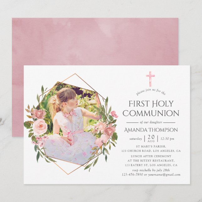 Rose Gold and Blush Geometric First Holy Communion Invitation (Front/Back)