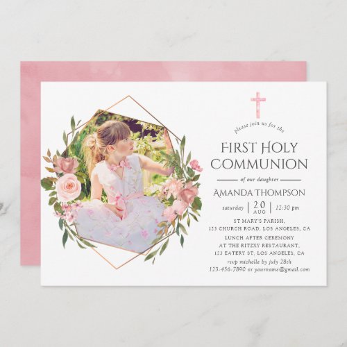 Rose Gold and Blush Geometric First Holy Communion Invitation