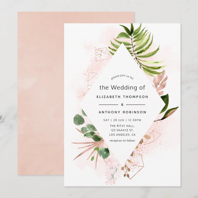 Rose Gold and Blush Geometric Greenery Wedding Invitation (Front/Back)