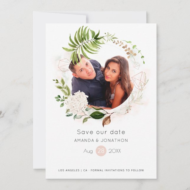 Rose Gold and Blush Geometric Greenery Wedding Save The Date (Front)