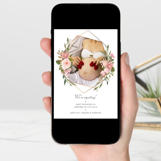 Rose Gold and Blush Geometric Photo Pregnancy Announcement (Front Digital)