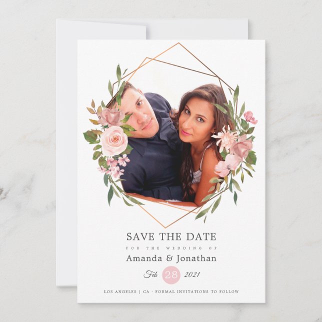 Rose Gold and Blush Geometric Photo Wedding Save The Date (Front)