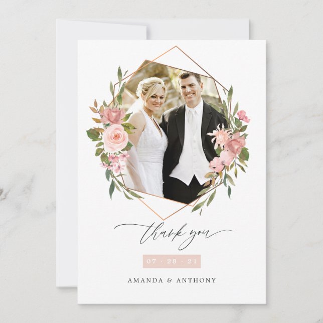 Rose Gold and Blush Geometric Wedding Photo Thank You Card (Front)