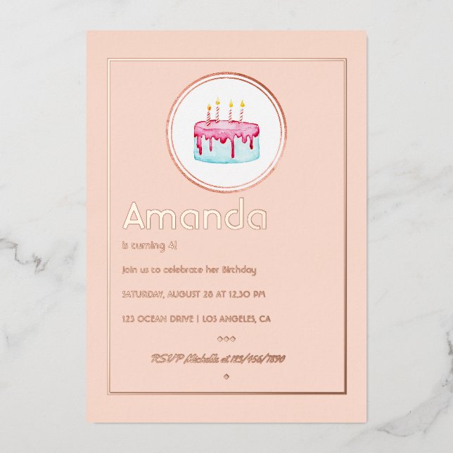 Rose Gold and Blush Pink 4th Birthday Girl Party Foil Invitation (Front)