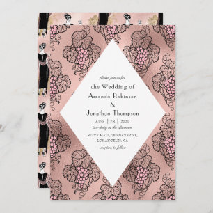 Rose Gold and Blush Pink Art Deco Wine Wedding Invitation