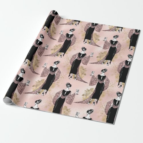Rose Gold and Blush Pink Art Deco Wine Wrapping Paper