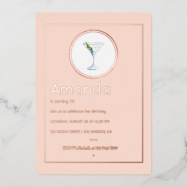 Rose Gold and Blush Pink Birthday Cocktail Party Foil Invitation (Front)