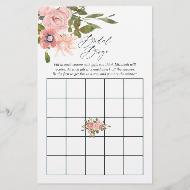 Rose Gold and Blush Pink Bridal Shower Bingo (Front)