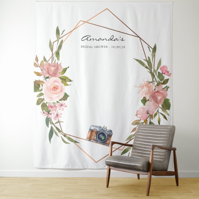 Rose Gold and Blush Pink Bridal Shower Photo Booth Tapestry (In Situ)