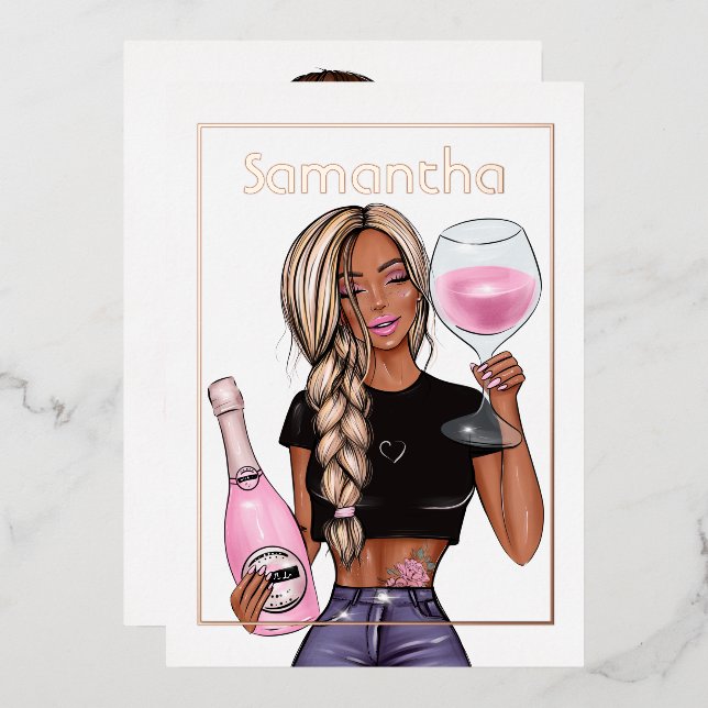 Rose Gold and Blush Pink Champagne Birthday Party Foil Invitation (Front/Back)