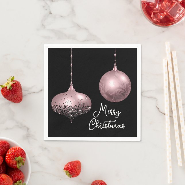 Rose Gold and Blush Pink Christmas Baubles Napkins (Insitu)