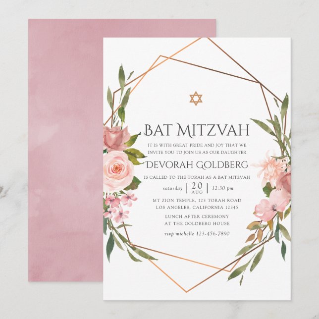 Rose Gold and Blush Pink Floral Bat Mitzvah Invitation (Front/Back)