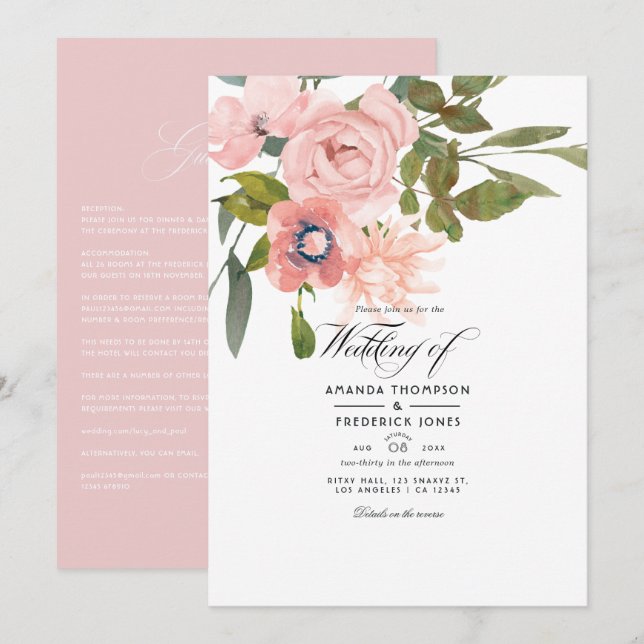 Rose Gold and Blush Pink Floral Wedding Invitation (Front/Back)