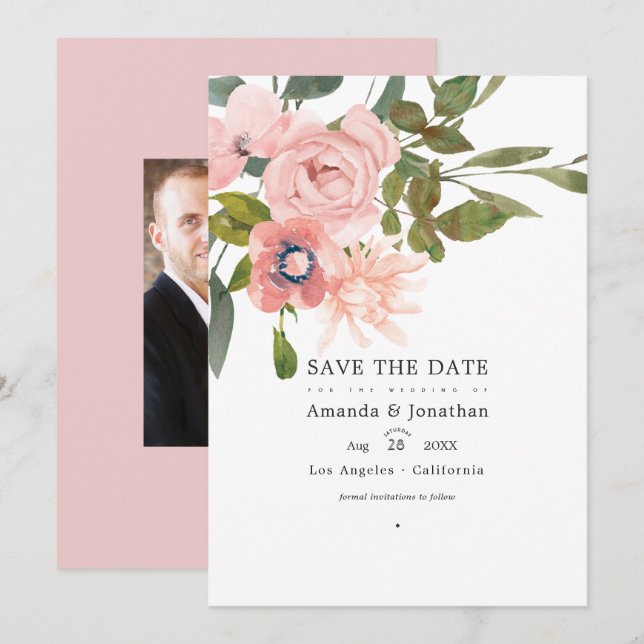 Rose Gold and Blush Pink Floral Wedding Photo Save The Date (Front/Back)