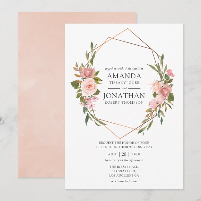 Rose Gold and Blush Pink Geometric Wedding Invitation (Front/Back)