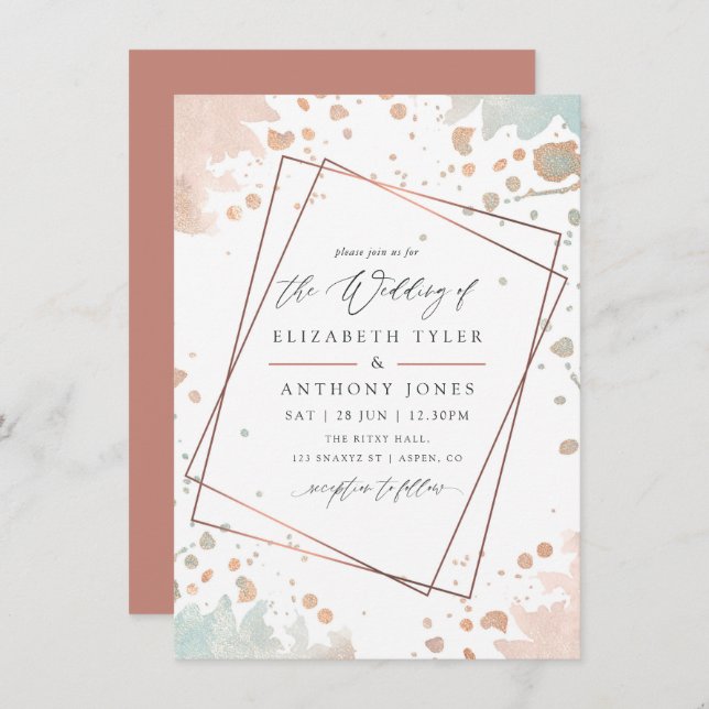Rose Gold and Blush Pink Paint Geometric Wedding Invitation (Front/Back)