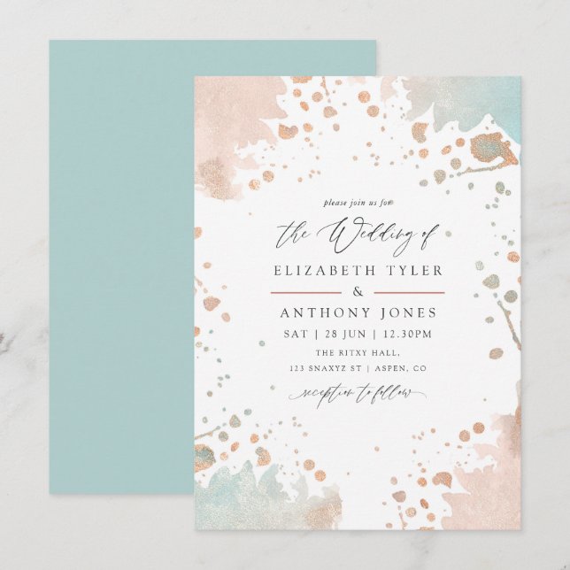 Rose Gold and Blush Pink Paint Splatter Wedding Invitation (Front/Back)