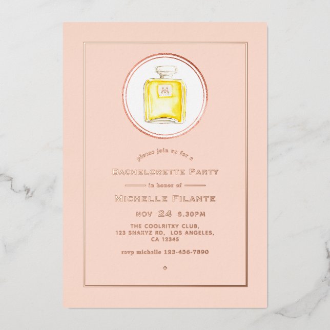 Rose Gold and Blush Pink Perfume Bachelorette Foil Invitation (Front)