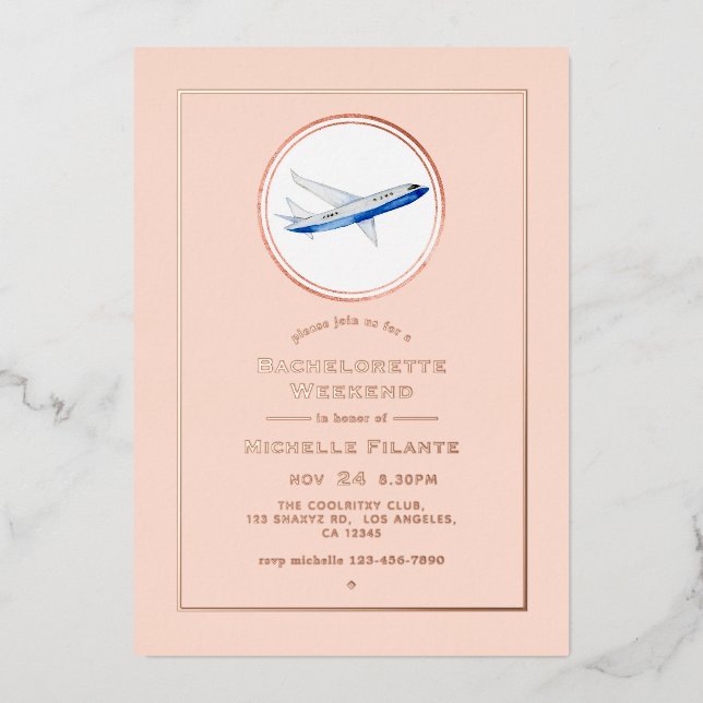 Rose Gold and Blush Travel Bachelorette Weekend Foil Invitation (Front)