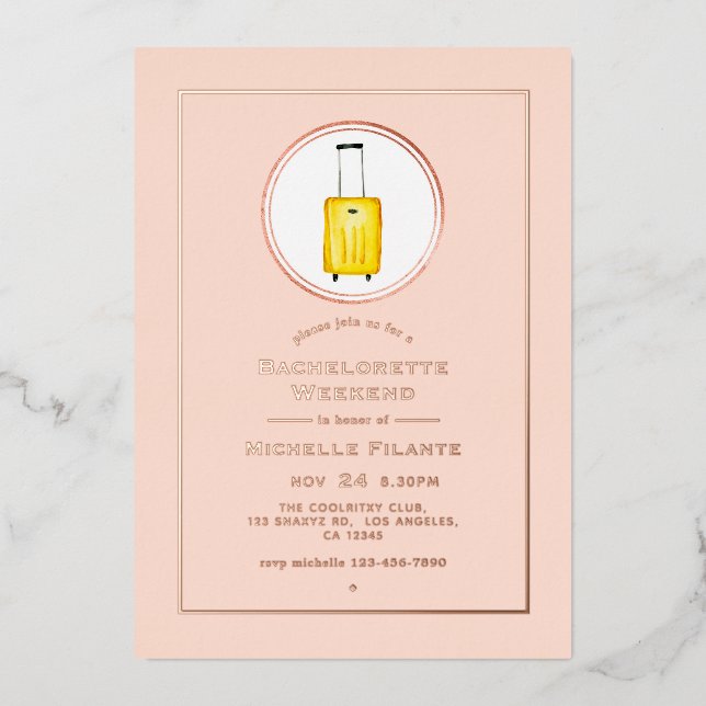 Rose Gold and Blush Travel Bachelorette Weekend Foil Invitation (Front)