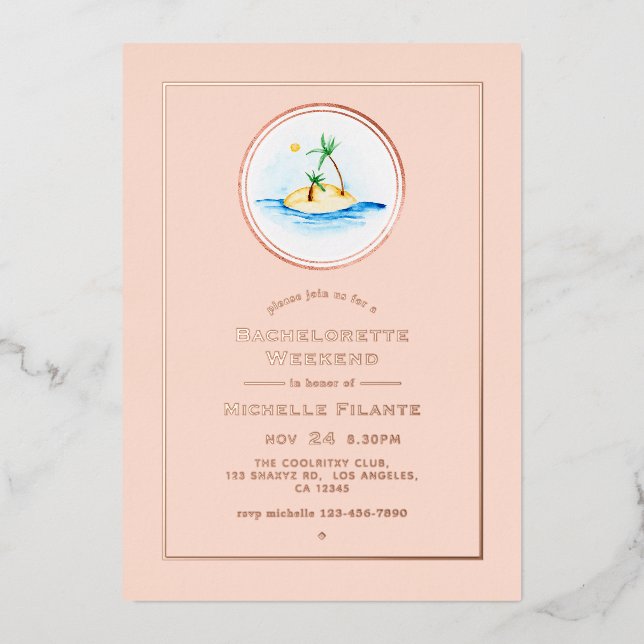 Rose Gold and Blush Tropical Bachelorette Weekend Foil Invitation (Front)
