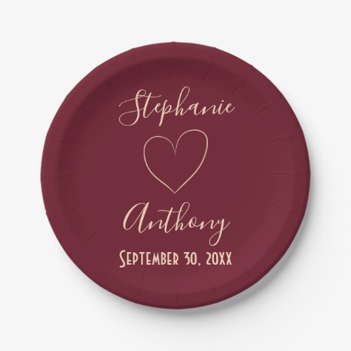 Rose Gold and Burgundy Calligraphy Wedding Paper Plates