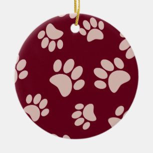 Rose Gold And Burgundy Color Dog Paw Pattern Ceramic Ornament