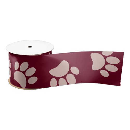 Rose Gold And Burgundy Color Dog Paw Pattern Satin Ribbon