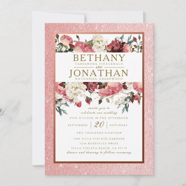 Rose Gold and Burgundy Floral Wedding Invitation (Front)