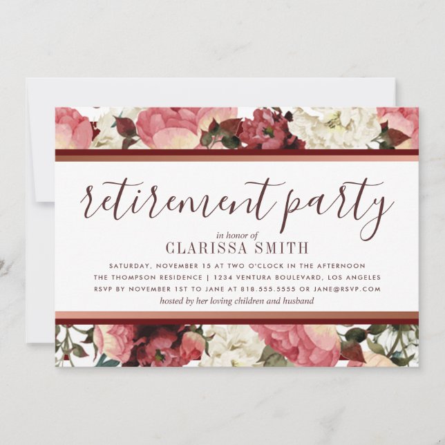 Rose Gold and Burgundy Flowers Retirement Party Invitation (Front)