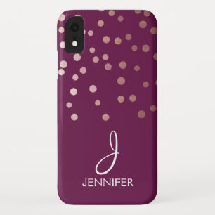 Rose Gold and Burgundy Foil Confetti Monogram iPhone XR Case