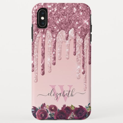 Rose Gold and Burgundy Glitter Drips Monogram iPhone XS Max Case