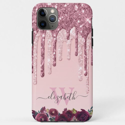 Rose Gold and Burgundy Glitter Drips Monogram iPhone 11 Pro Max Case