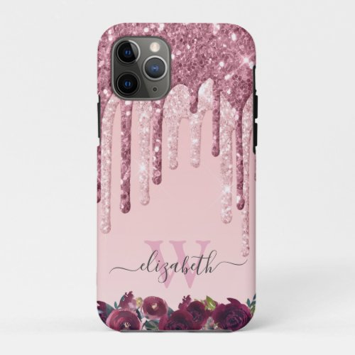 Rose Gold and Burgundy Glitter Drips Monogram iPhone 11 Pro Case