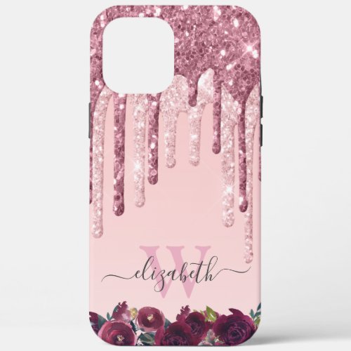 Rose Gold and Burgundy Glitter Drips Monogrammed iPhone 12 Pro Max Case