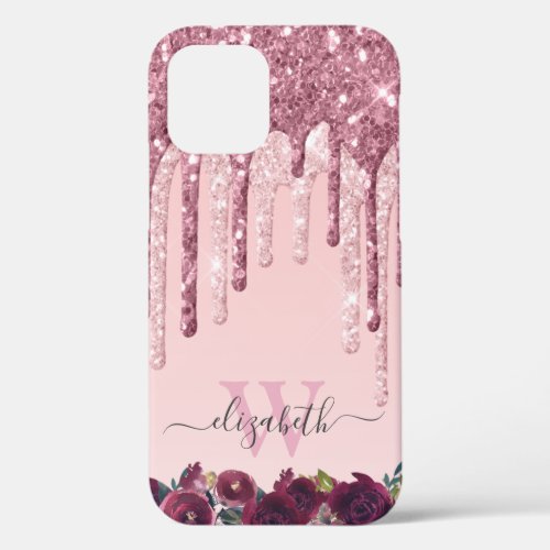 Rose Gold and Burgundy Glitter Drips Monogrammed iPhone 12 Case