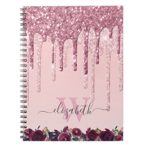 Rose Gold and Burgundy Glitter Drips Monogrammed Notebook