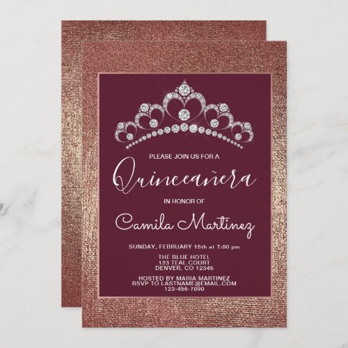 Rose Gold and Burgundy Quinceanera with Tiara Invitation