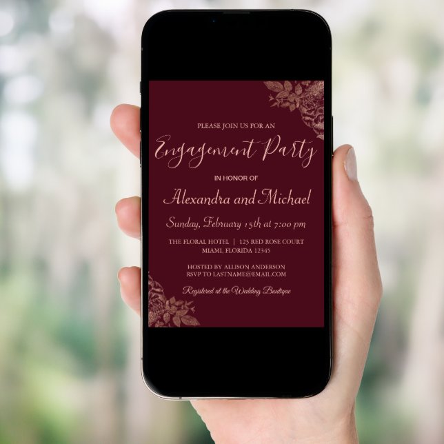 Rose Gold and Burgundy Roses Engagement Party Invitation (Front Digital)