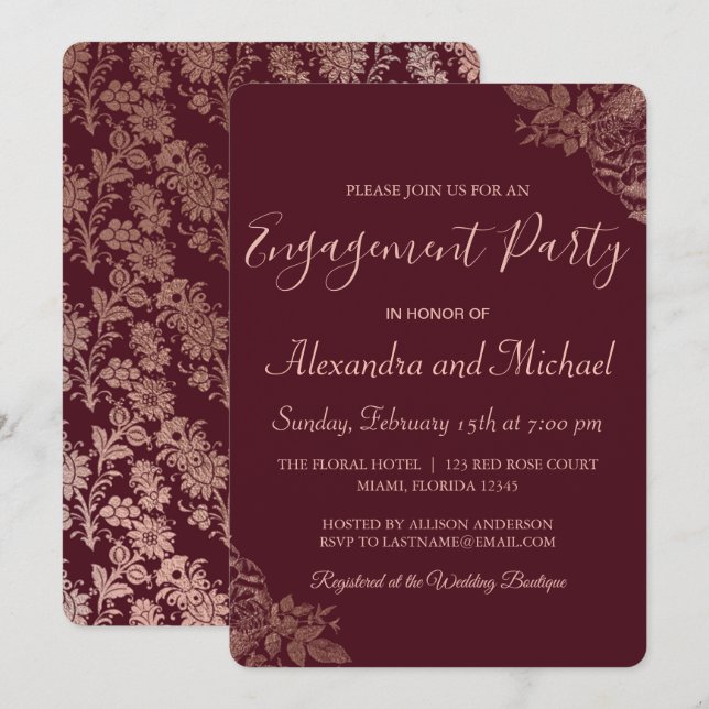 Rose Gold and Burgundy Roses Engagement Party Invitation (Front/Back)