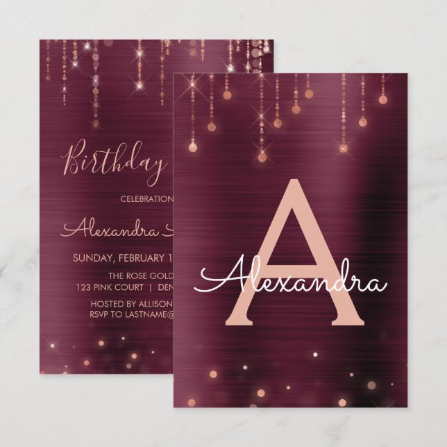 Rose Gold and Burgundy Sparkle Birthday Party Invitation (Front/Back)