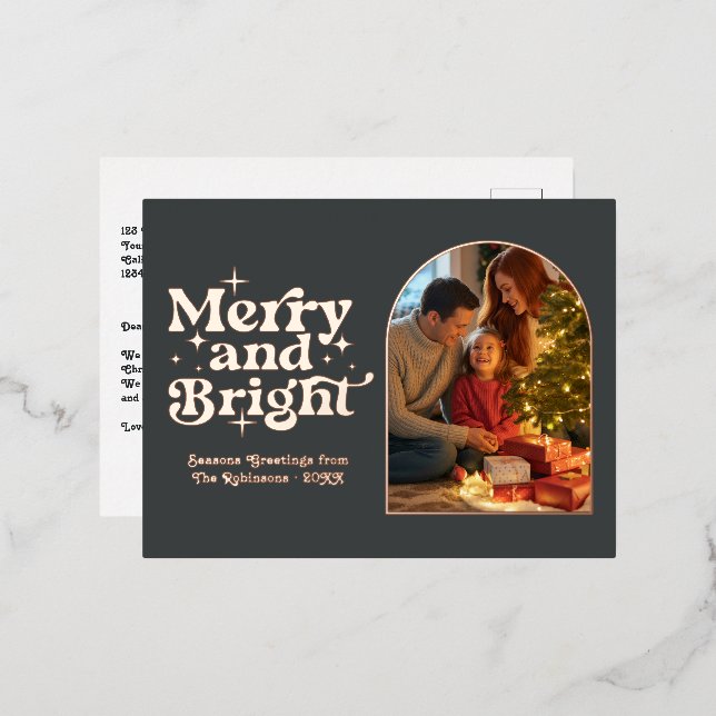 Rose Gold and Charcoal Merry & Bright Retro Xmas Foil Holiday Postcard (Front/Back)