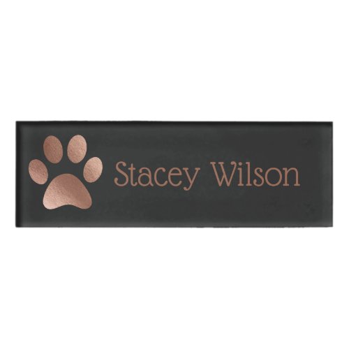 Rose Gold and Charcoal Paw Print Logo Name Tag