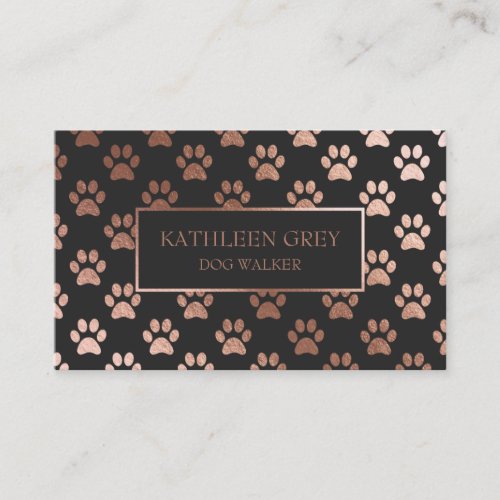 Rose Gold And Charcoal Paw Print Pattern Business Card