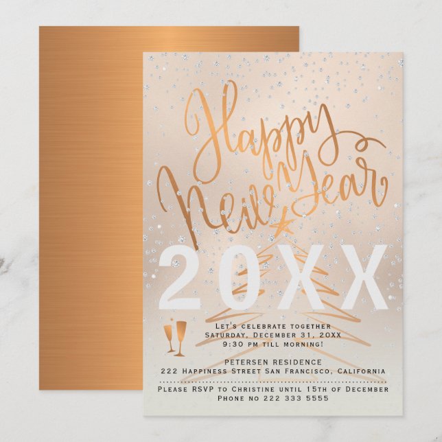 Rose Gold and Copper Metallic New Year Party Invitation (Front/Back)