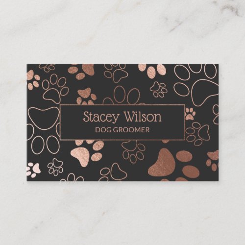 Rose Gold And Dark Charcoal Pet Groomer Paw Print Business Card