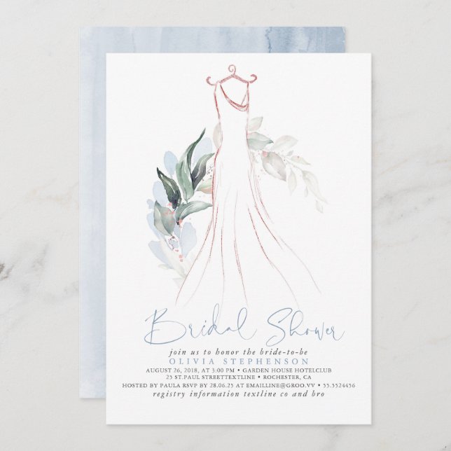 Rose Gold and Dusty Blue Greenery Bridal Shower Invitation (Front/Back)