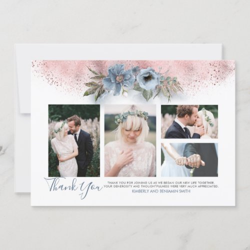 Rose Gold and Dusty Blue Wedding Photos Card