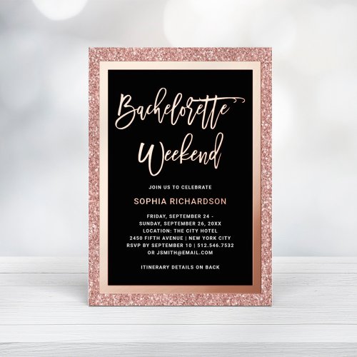 Rose Gold and Faux Glitter  Bachelorette Weekend Foil Invitation